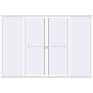 Металопластикові розсувні двері 3370x2300 мм Чотиристулкові з центральним відкриванням (комплектація: За замовчуванням). Вид зсередини Купити Розсувні терасні двері 3370x2300 мм REHAU SYNEGO (Похило-зсувні) Білий (RAL 9016) з двох сторін