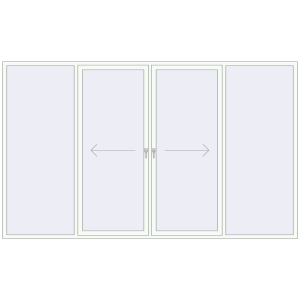 Металопластикові розсувні двері 3660x2200 мм Чотиристулкові з центральним відкриванням (комплектація: За замовчуванням). Вид зсередини Купити Розсувні терасні двері 3660x2200 мм REHAU Euro 60 (Похило-зсувні) Білий (RAL 9016) з двох сторін