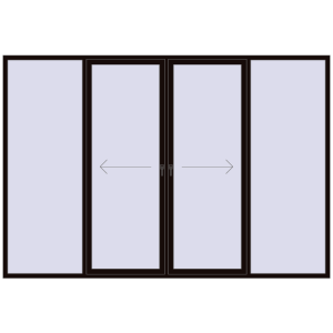 Металопластикові розсувні двері 3520x2399 мм Чотиристулкові з центральним відкриванням (комплектація: За замовчуванням). Вид зсередини Купити Розсувні терасні двері 3520x2399 мм REHAU SYNEGO (Похило-зсувні) BLACK_BROWN з двох сторін