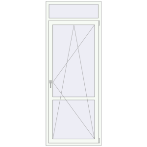 Металопластикові балконні двері 910x2370 мм Одностулкові з фрамугою та імпостом (комплектація: Базова). Вид зсередини Купити Балконні двері 910x2370 мм REHAU Euro 70 Білий (RAL 9016) з двох сторін