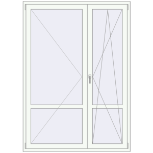 Металопластикові балконні двері 1500x2100 мм Двостулкові з імпостом (комплектація: За замовчуванням). Вид зсередини Купити Балконні двері 1500x2100 мм REHAU SYNEGO MD Білий (RAL 9016) з двох сторін