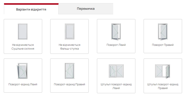 розрахунок вартості вікон - вибір відкривання